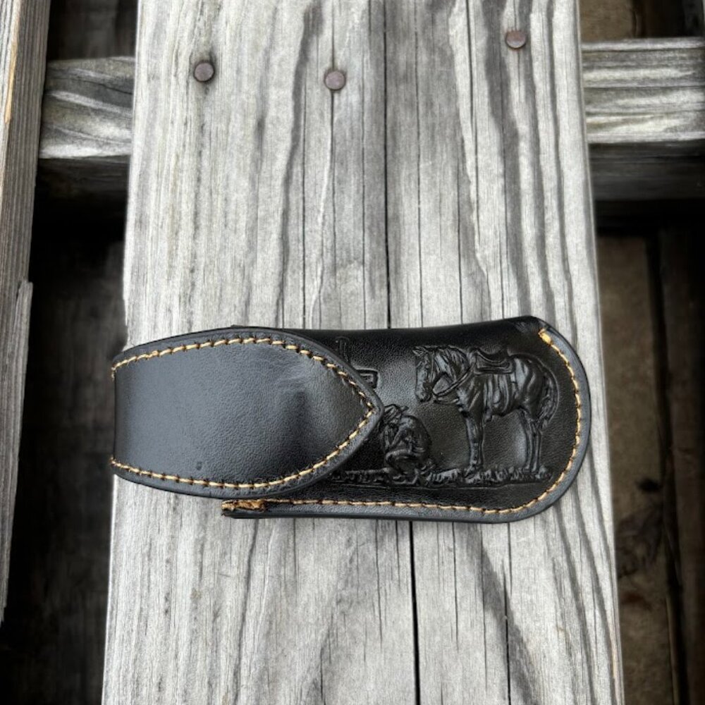 Black Leather Praying Cowboy Design Small Knife Sheath with Keep